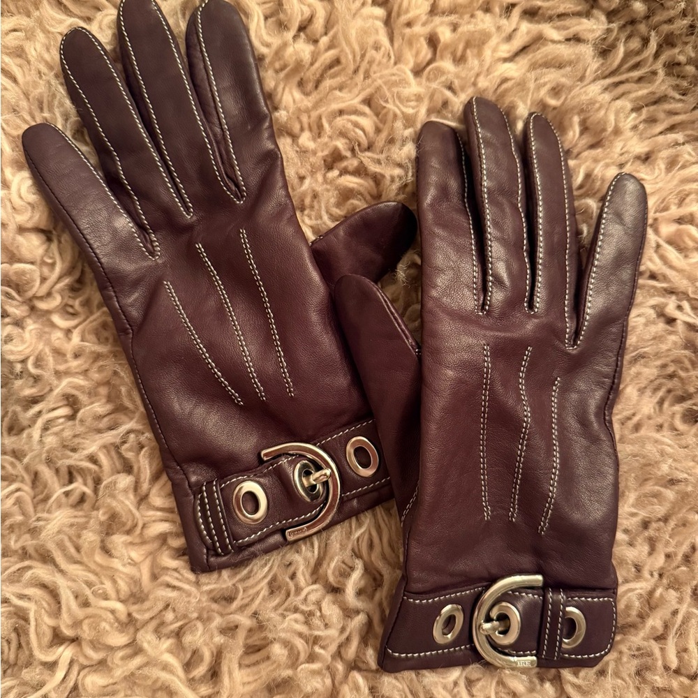 Coach Dark Brown Leather Gloves with Buckle Detail